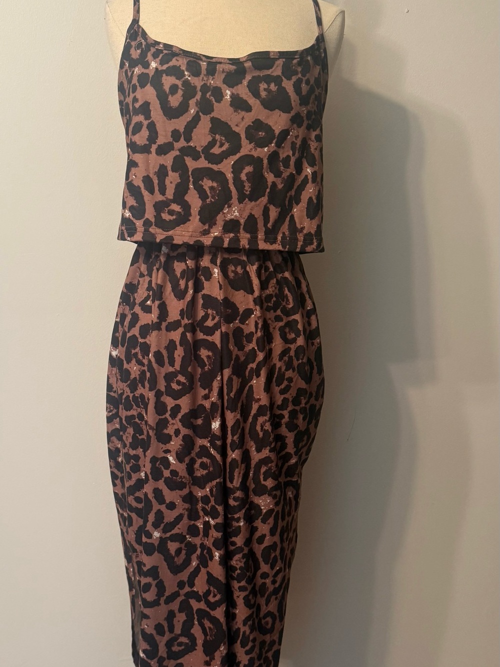 Brown Leopard Print Maxi Dress with Spaghetti Straps